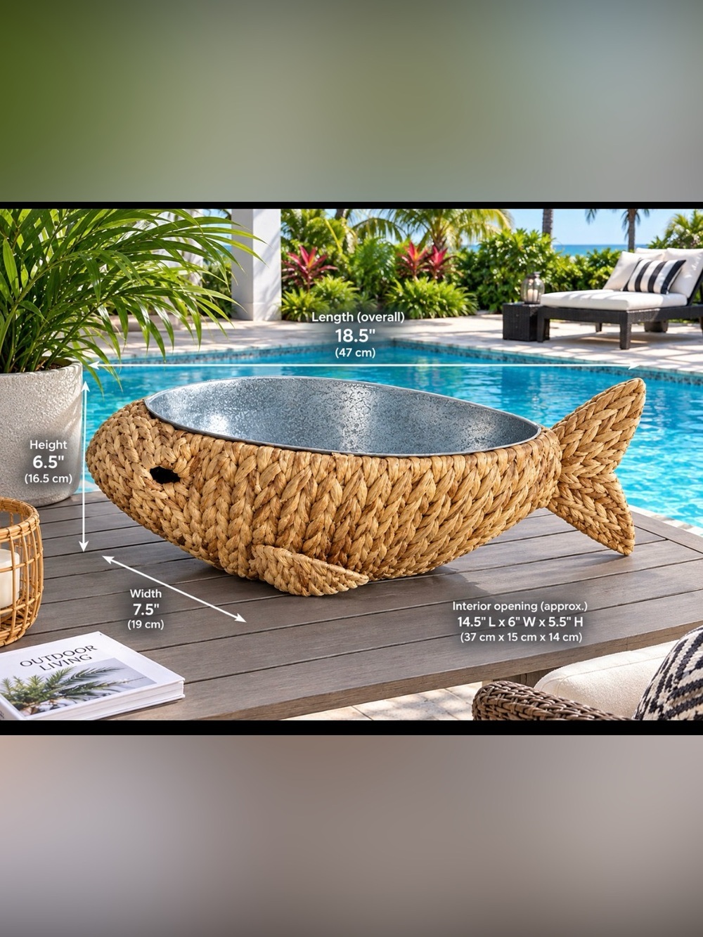 Woven Seagrass fish planter, snack holder with Galvanized Metal Liner - Natural